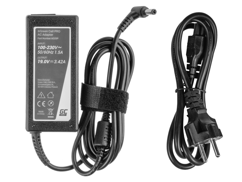 Green Cell PRO polnilec / AC Adapter 19V 3.42A 65W za Asus R510C R510L R556L X550C X550L Toshiba Satellite C650 L750 (AD25P)